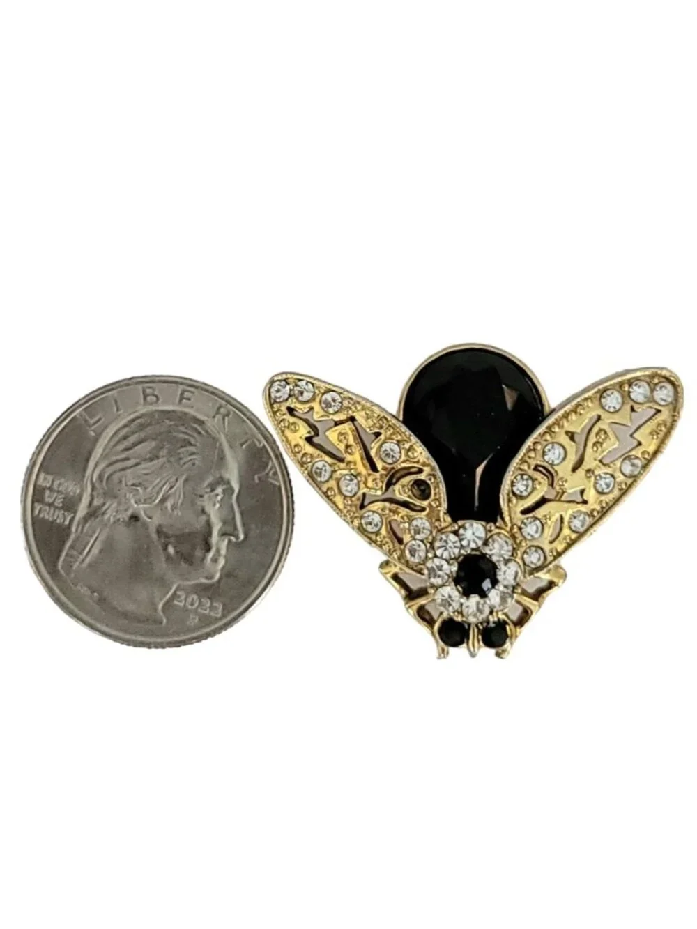 1928 Brand Gold Tone Black Clear Glass Rhinestone Bug Brooch Pin, K345